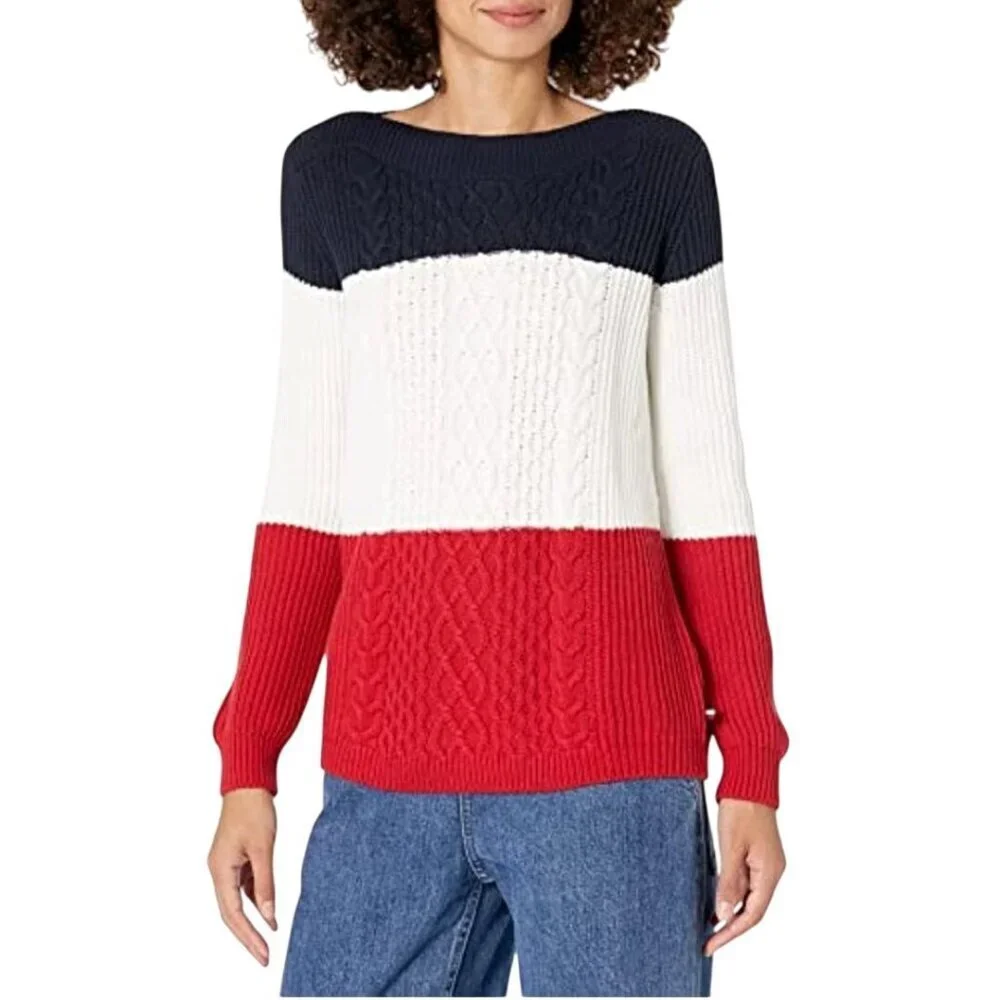 Tommy Hilfiger Patriotic Red White Blue CableKnit Crewneck Sweater Size M